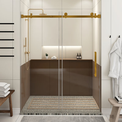 56-60.In W X 76.In H Frameless Single Sliding Shower Door,1/4 In Thick Clear Tempered Glass, Explosion Proof Film, Stainless Steel Handle Square Tube Track ,Brushed Gold