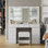 Bureau de meuble-lavabo avec station de charge, bureau de maquillage avec miroir lumineux et 11 tiroirs, table de coiffeuse avec fauteuil, ensemble de meuble-lavabo 3 modes d'éclairage avec luminosité réglable