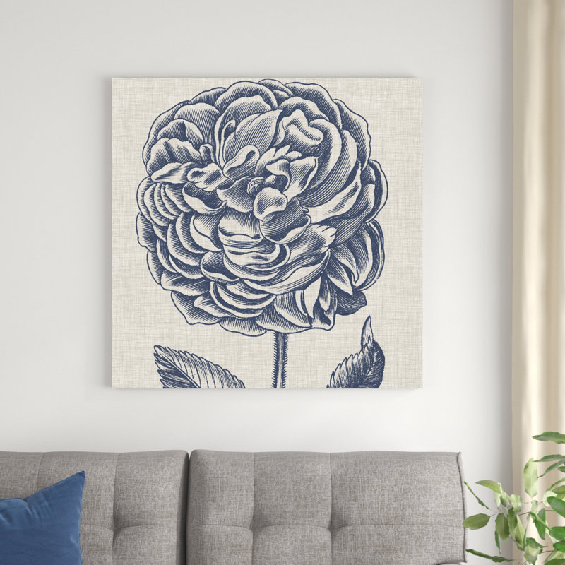 Indigo floral sur lin V, H 36 po x l 36 po x P 1,25 po