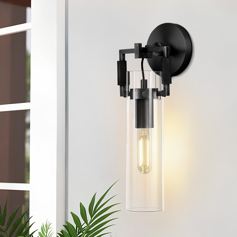 1-Light Solid Brass Armed Sconce with Clear Cylinder Glass (Bulb Included), Matte Black
