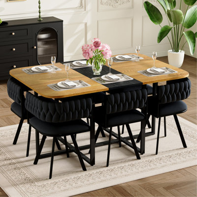 7-Piece Rectangular Dining Table Set, Fixed Two-Tone Wood Grain & Black Triamine Tabletop with 6 Black Velvet Chairs, Modern Kitchen Table Set for 6 P