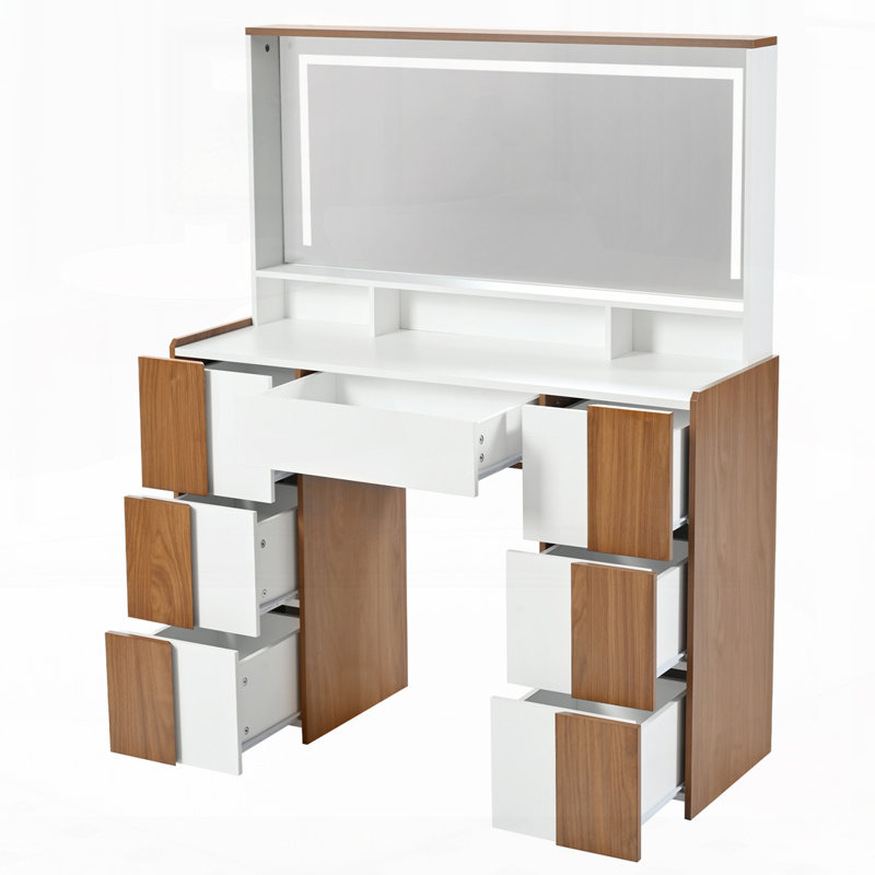 Coiffeuse de maquillage avec grand miroir lumineux et prise de courant, coiffeuse avec 7 tiroirs et tablettes