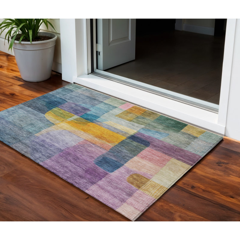 Tapis d'extérieur lavable abstrait bleu, vert et mauve 3 pi x 5 pi