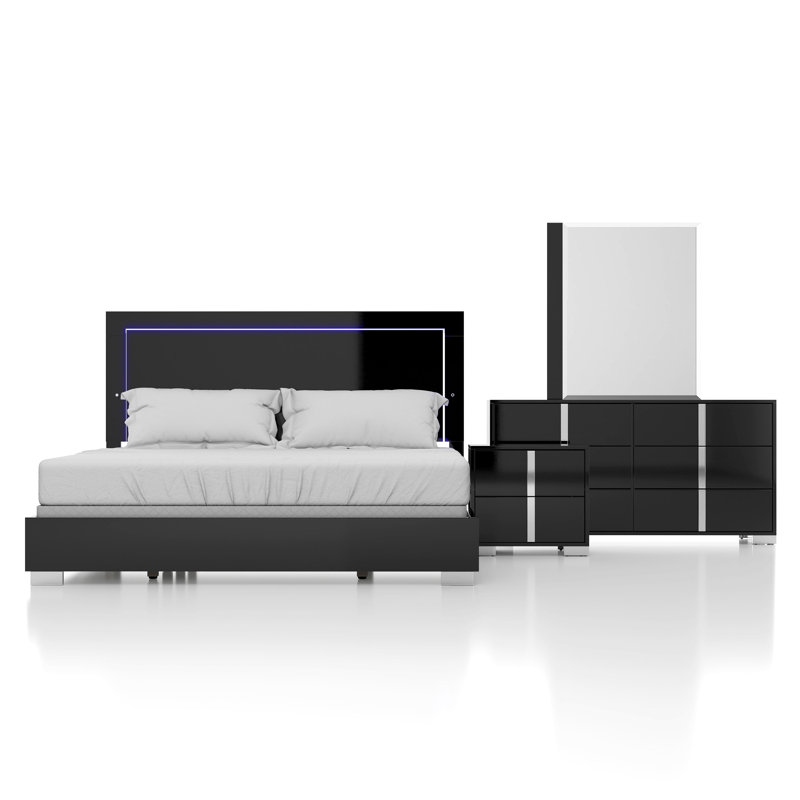 Ensemble de chambre Duckworth, Black, Très grand, 6 Pcs: Bed, 2 Nightstands, 2 Dressers, Mirror