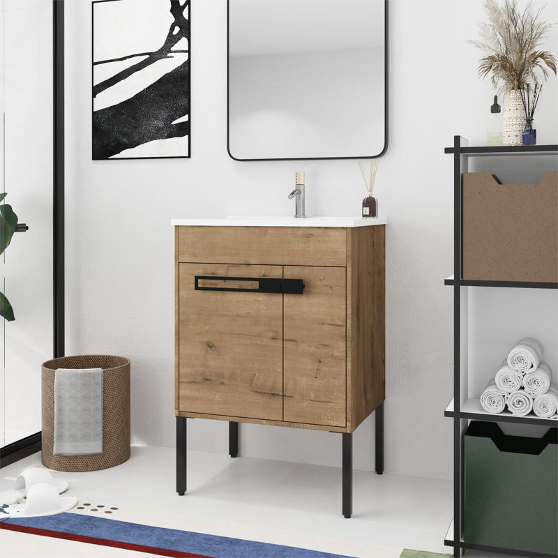 Meuble-lavabo simple autoportant / flottant avec plateau en céramique Maryam 24 po, Brun