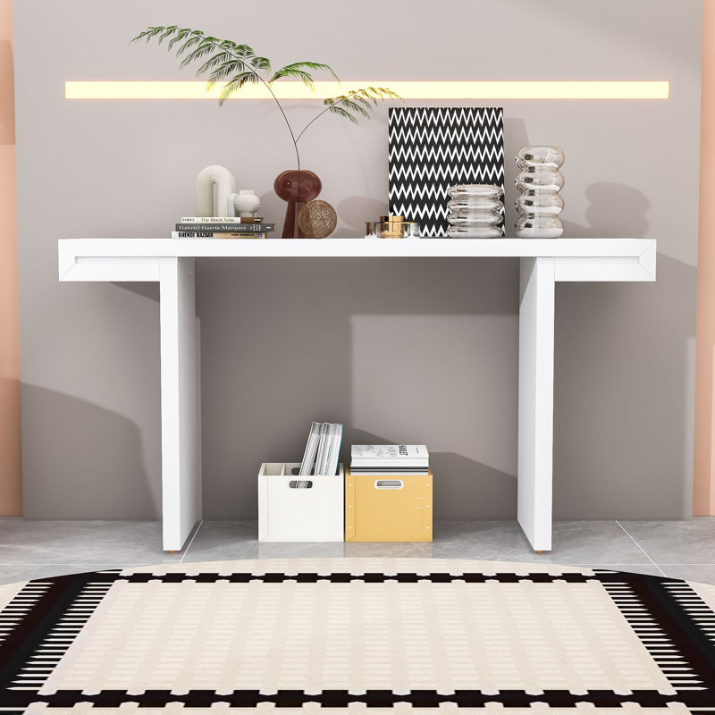 Console Table with Geometric Clean Lines Design and Adjustable Feet, White