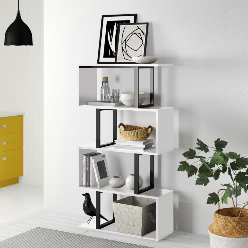 Chaneyra 5-Tier Corner Shelf Unit，80 x 143 cm  S-Shaped Small Bookcase, White/Black