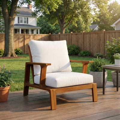 Chaise d'appoint moderne en bois de teck, chaise longue spacieuse avec coussins blancs