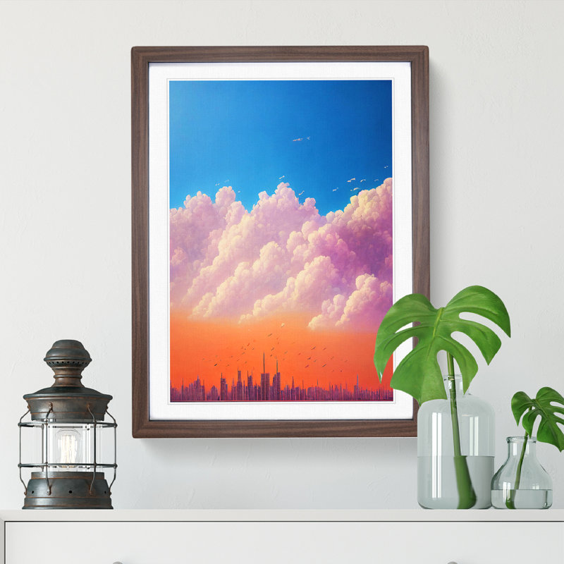 City Skyline Under Clouds - Print, 66cm H x 48cm W x 2cm D, Walnut Framed, White