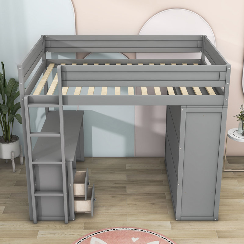 Clamart Wood Loft Bed with Wardrobes and 2 Drawer, Full / Double, Gray
