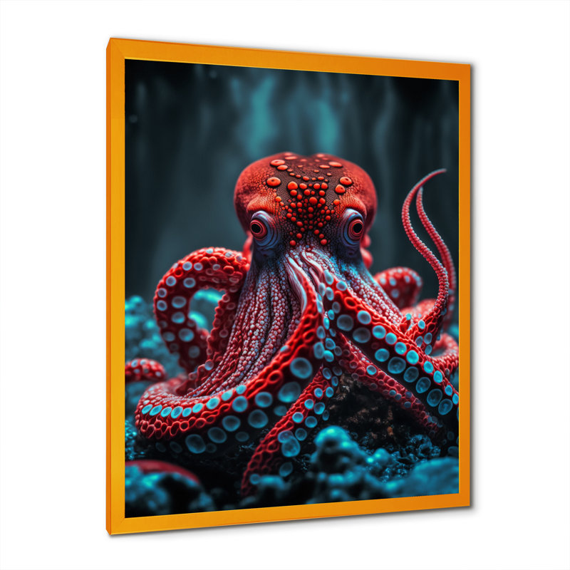 «Katyria Red Octopus On The Ocean Floor IV», reproduction sur toile, L 12 po x H 20 po, Impression dorée sur toile encadrée