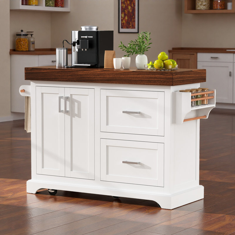 Grand îlot de cuisine avec bureau épais, porte-épices, porte-serviettes, 2 tiroirs et 5 roulettes, Blanc