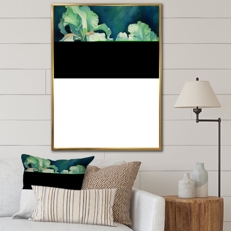 Pétale d'iris vert sur toile, H 32 po x l 16 po x P 1 po, Cadre flottant doré