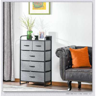 Commode à 5 tiroirs, commode en tissu, rangement à 4 niveaux pour vestibule de chambre à coucher, unité de tour avec plateau en bois