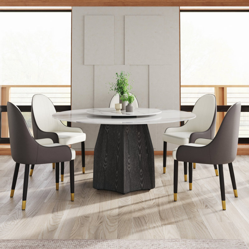 Ensemble de table de salle à manger 9 pièces, table de salle à manger ronde avec base en bois massif, 8 chaises