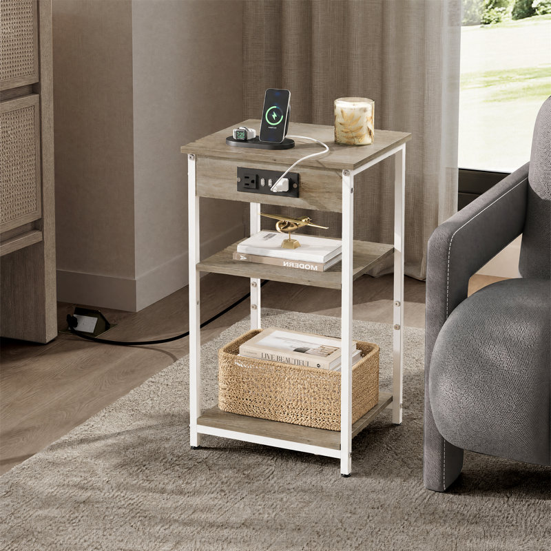 Carbin 22.8"H Tall Nightstand with Power Outlets & USB for Bedroom, End Table with 3-Tier Adjustable Shelf, Farmhouse Side Table for Small Spaces, Couch Table For Living Room