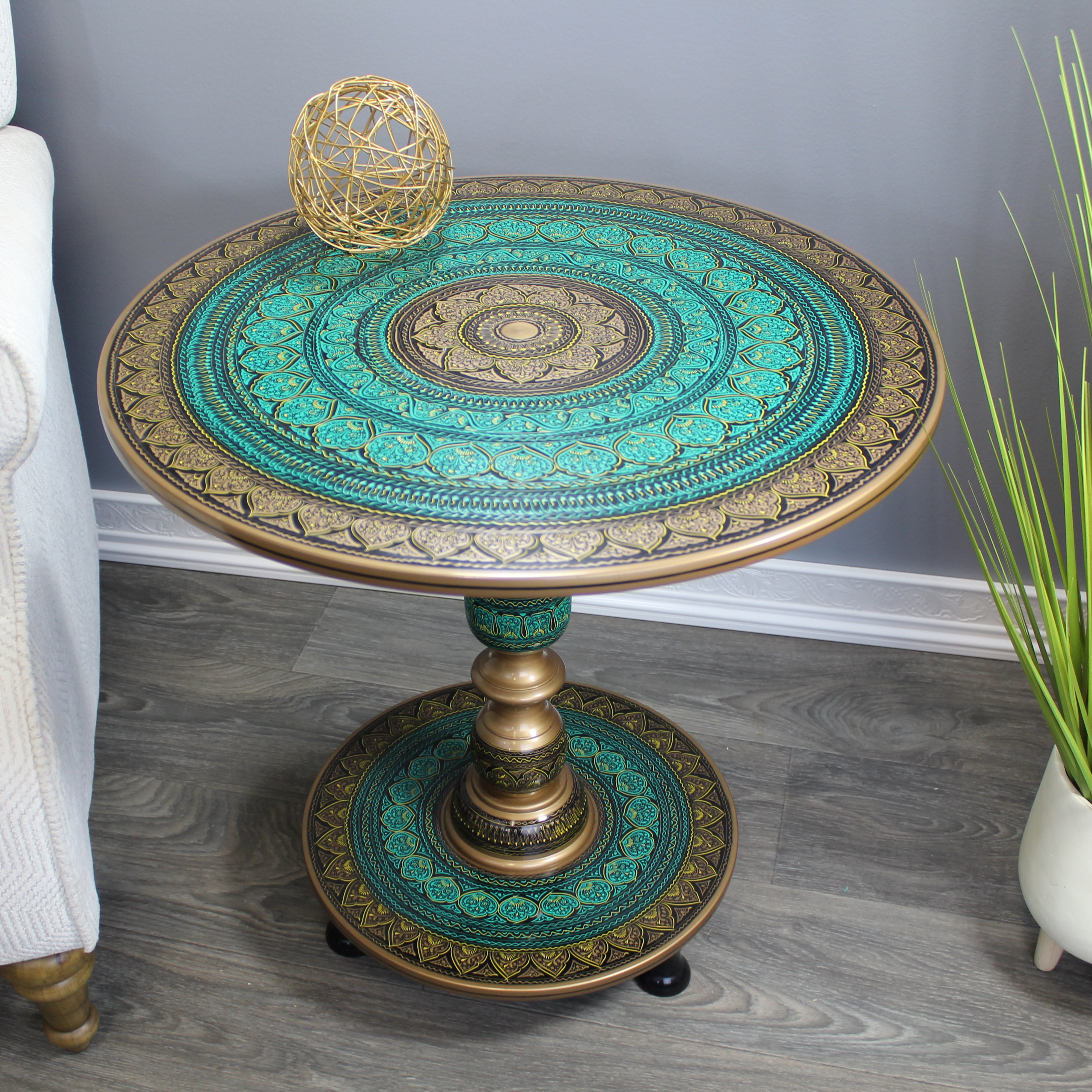 World Menagerie Rosewood Round Wooden 24" Accent Table Turquoise
