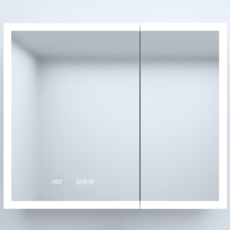 36 po Armoire à pharmacie en aluminium argenté avec miroir, DEL, horloge, conception biseautée, tablettes à haute densité de brouillard d'eau, stations de charge