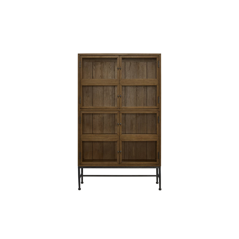 Bibliothèque avec finition amande, fabriquée à partir de placages, portes vitrées pour plus de visibilité, nombreuses tablettes intérieures, base en métal, hauteur de 68,74 po