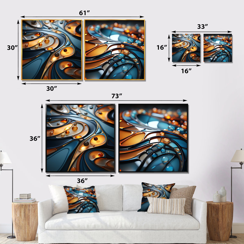 «Gold and Emerald Fractal Wave I», ensemble de 2 reproductions d'art sur toile, Toile tendue, H 16 po x l 33 po x P 1 po