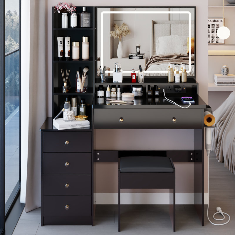 Ensemble de meuble-lavabo de 41 po avec commode à gauche et tabouret, Noir