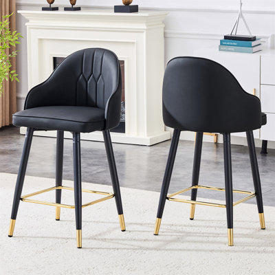 Set Of 2 Black PU Leather Bar Stools: 37.7" High, 25" Seat Height, Gold Accent Footrest, Ideal For Kitchen Island, Home Bar & Dining Area