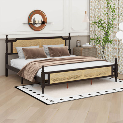 Wooden Bed Frame With Rattan Headboard & Footboard,Vintage Boho Bed Frame