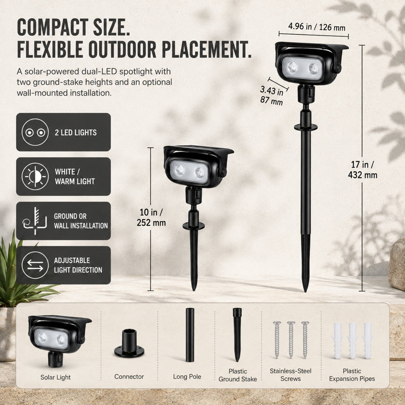 2-Piece Solar LED Outdoor Spotlight Set with Ground Stake & Wall Mount, Black