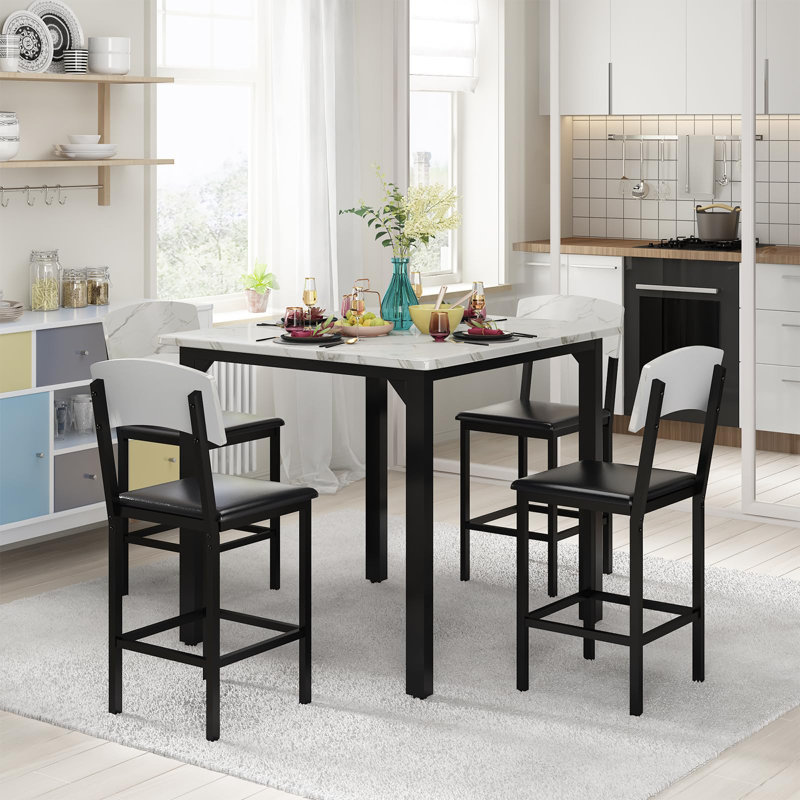 Marble 5-Piece Dining Table Set: Counter-Height Table & Stools | Space-Saving for Kitchen, Office, Small Spaces, White