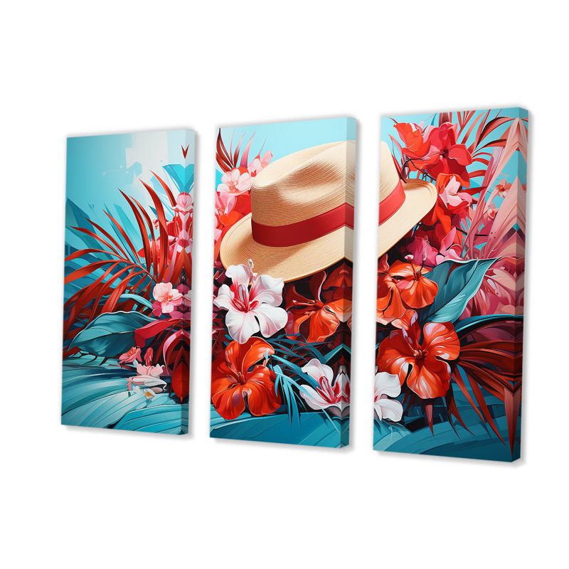Plantes tropicales roses et bleues avec chapeau - accessoires de mode, art mural, H 28 po x l 36 po, Toile tendue