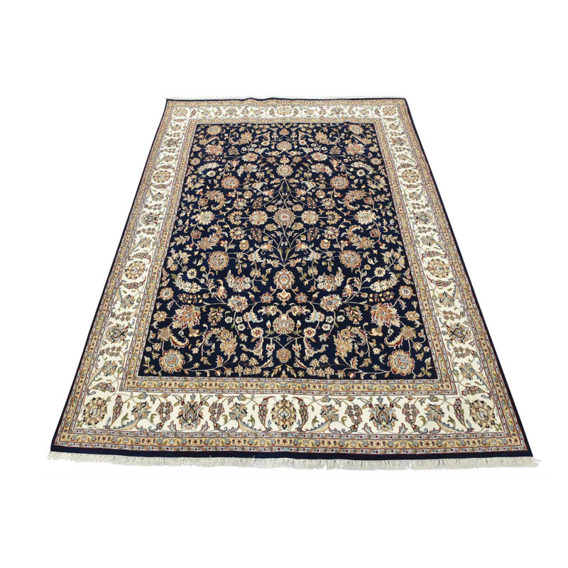 Tapis oriental fin en laine bleue noué à la main 7 pi 7 po x 10 pi 2 po Fine