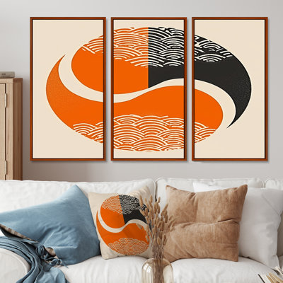Retro Orange Circle Waves Yin Yang - Geometric Wall Art Print Set