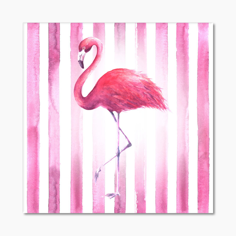 Flamant rose sur rayures roses - reproduction d'art sur toile traditionnelle, H 16 po x l 16 po x P 1 po, Toile tendue