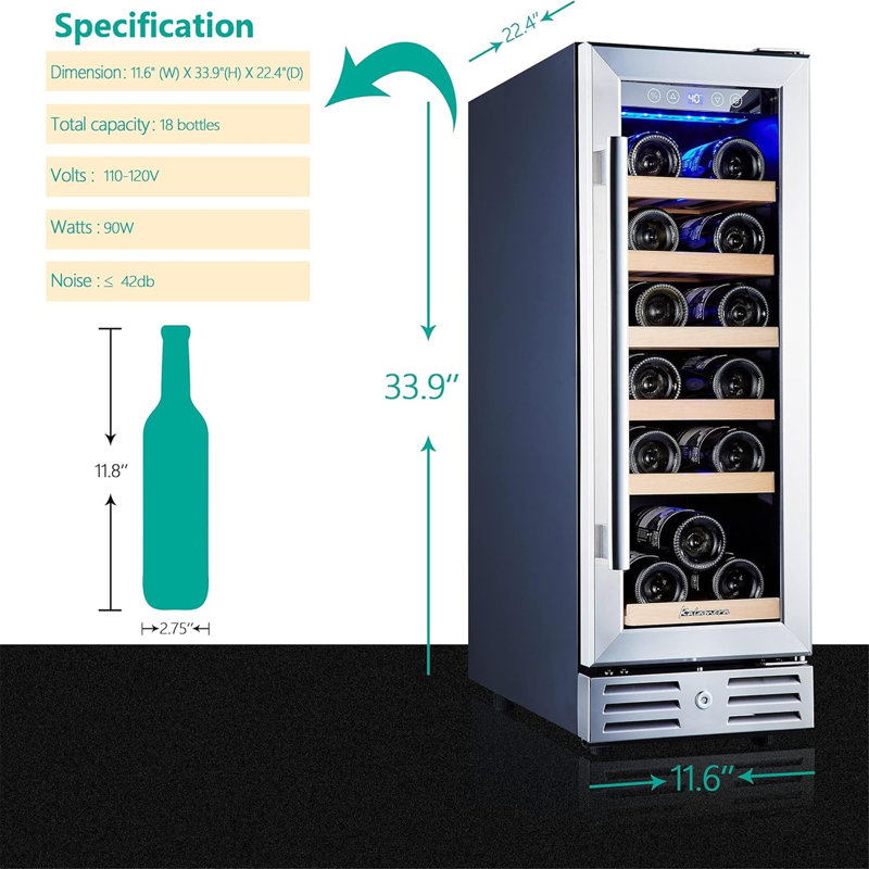 Réfrigérateur à vin 12 bouteilles Kalamera 18 po - Intégré / autoportant, porte en verre fumé à deux panneaux, acier inoxydable