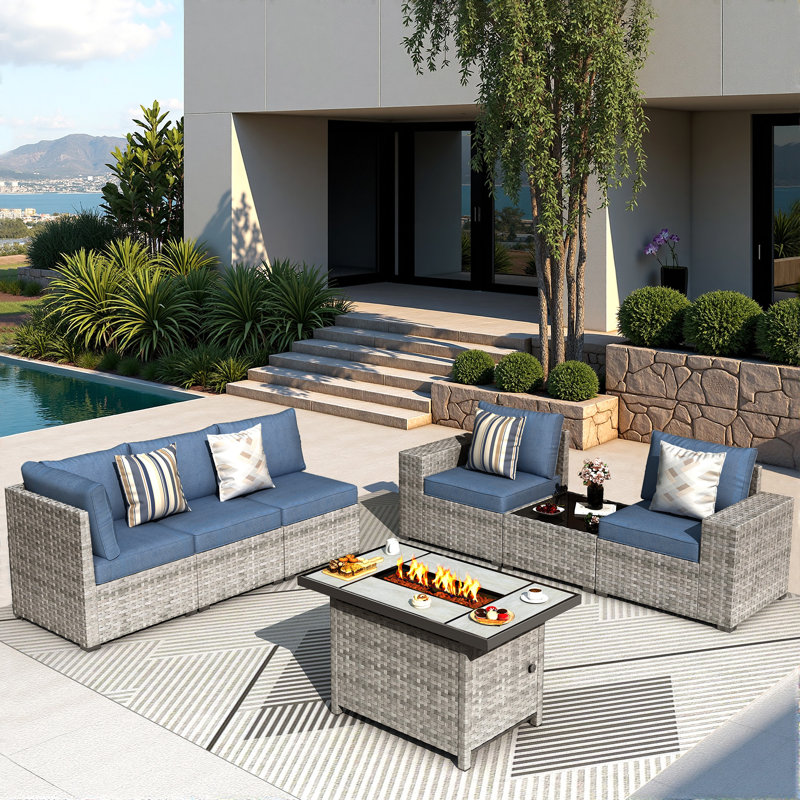 5-Person Outdoor Sectional With Cushions And Fire Pit,All-Weather Wicker Patio Set, Denim Blue