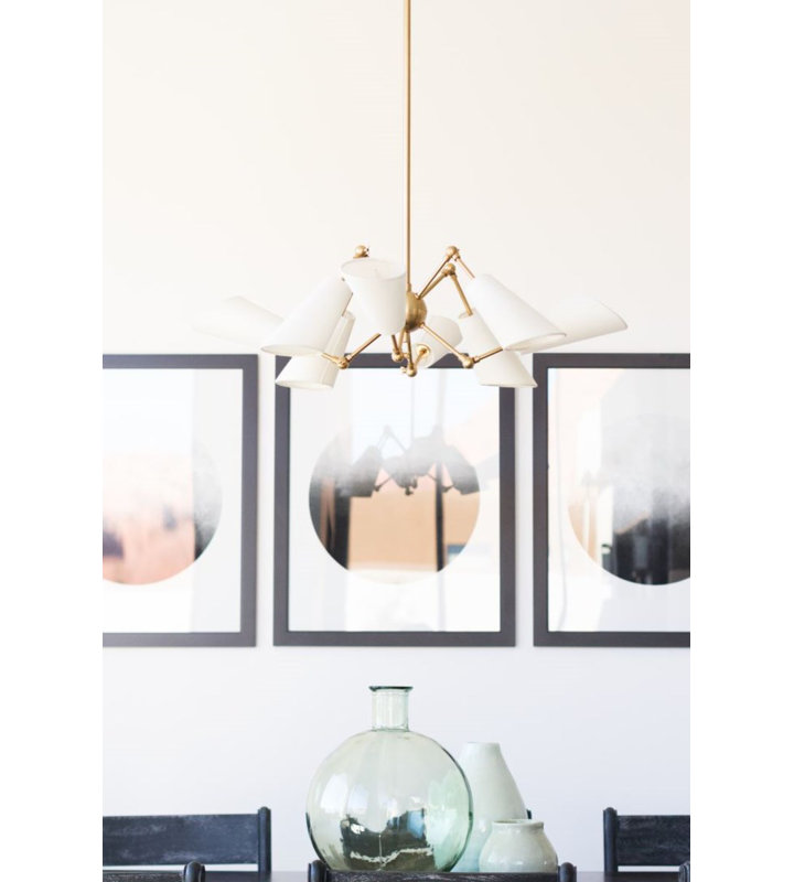Elegant Aged Brass 8-Light Chandelier with Off-White Linen Shades