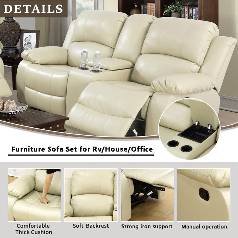 Boysen 68'' Faux Leather Pillow Top Arms Reclining Loveseat with Console, Beige