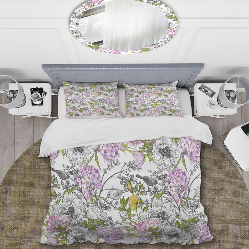 Feuille verte et roses roses - Ensemble de housse de couette floral - Polyester en microfibre