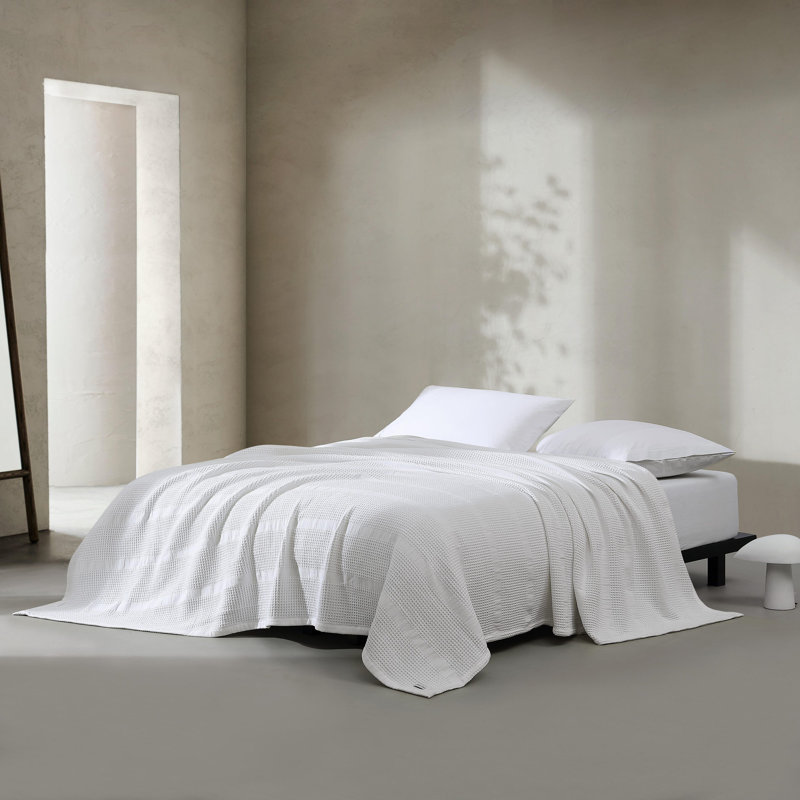 Calvin Klein Waffle Stripe Cotton Reversible Blanket, White, Queen