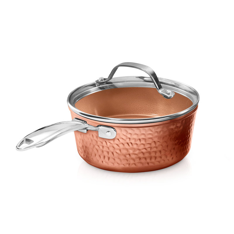 Casserole en cuivre martelé 2,5 pte Gotham Steel avec couvercle en verre, four et lave-vaisselle