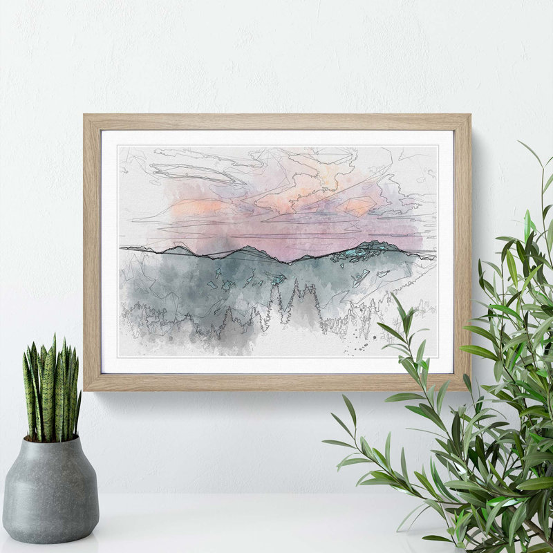 Mountain Divide in Abstract - Picture Frame Drawing Print, Oak Framed, 62cm H x 87cm W x 2cm D