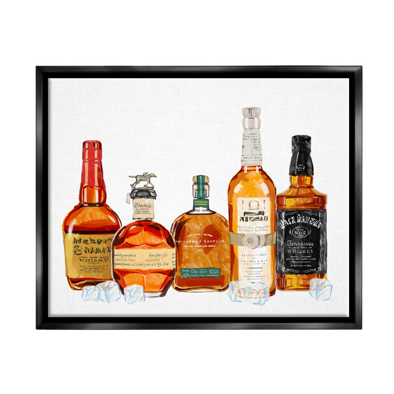 «Whiskey Bottles & Ice Cubes», impression encadrée sur bois, H 17 po x l 21 po x P 1,7 po, Cadre flottant noir de jais