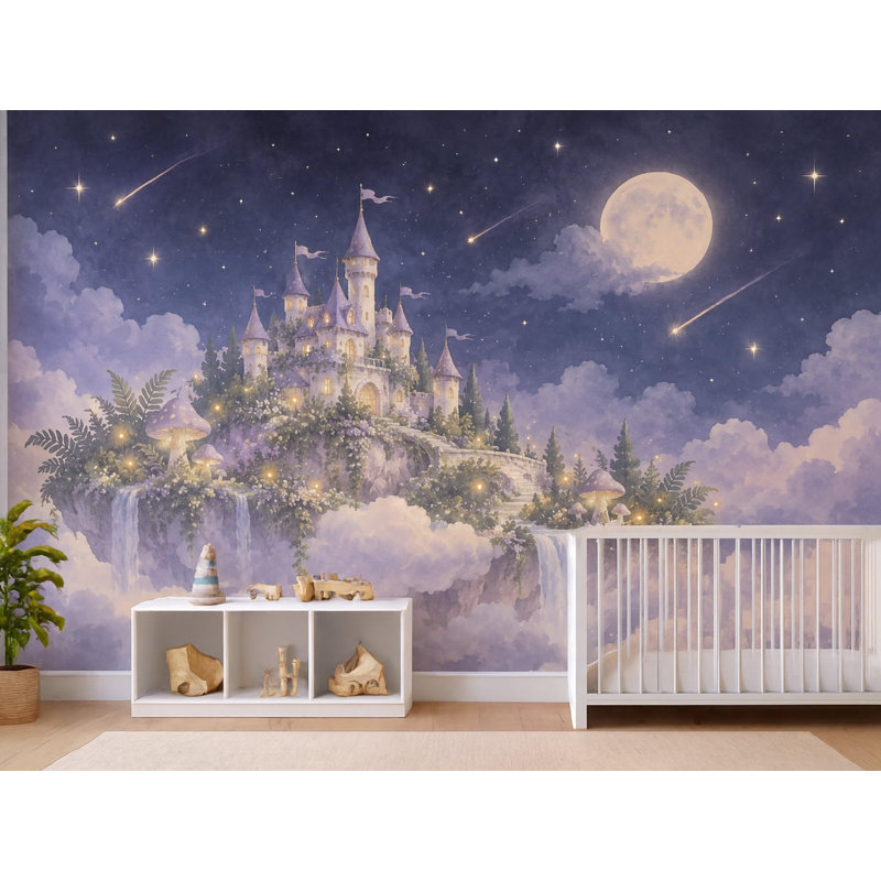 Fairy Castle Night Sky Wallpaper Mural, Peel and Stick Kids Room Wall Mural, Watercolor Nursery Wallpaper Made to Measure