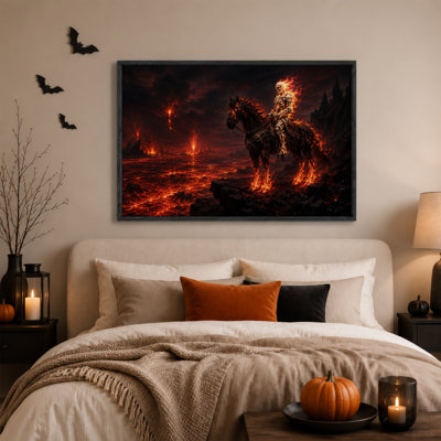 Fiery Skeleton Rider on Black Horse in Volcanic Halloween Canvas Wall Art