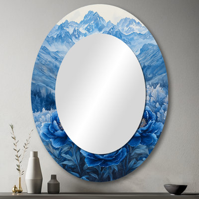 Pivoines bleues sur un sommet de montagne III - décor de miroir mural ovale bleu