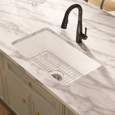 Oslo 30" x 18" White Single Bowl Fireclay Undermount Kitchen Sink with Basket Strainer and Bottom Grid
