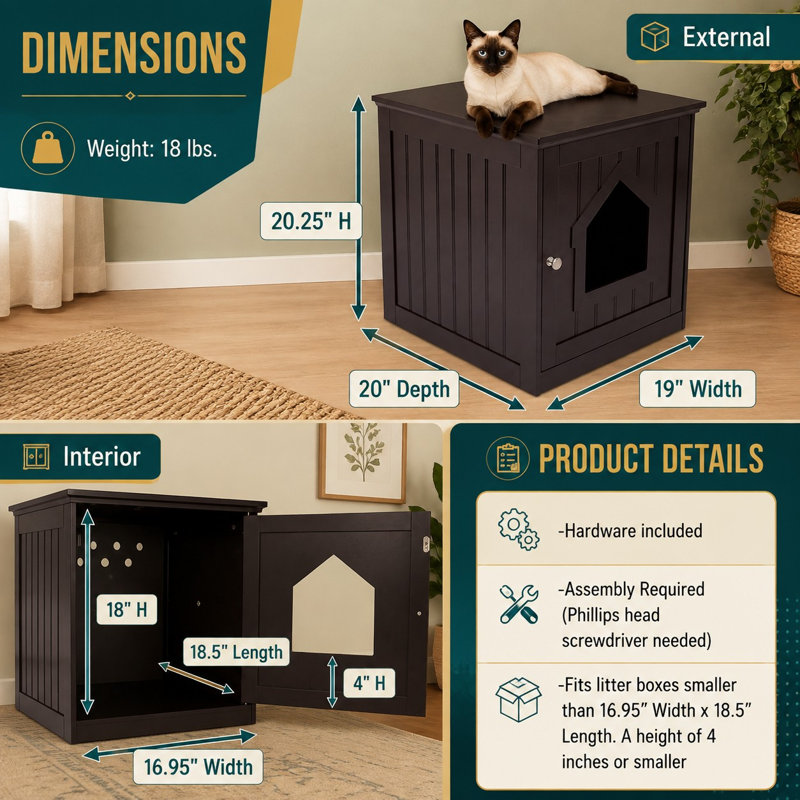 Utilisez cette maison pour chat décorative de couleur espresso comme table d'appoint ou table de chevet pour chat, tout en intégrant un enclos pour cage et litière dans le design du meuble.