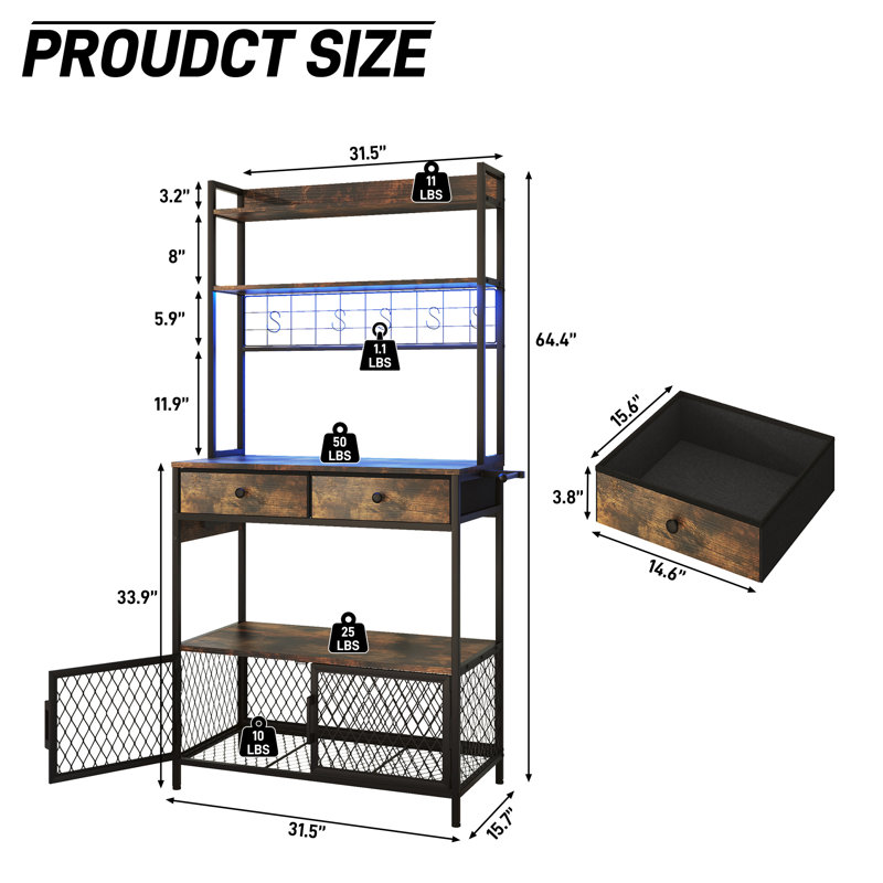 Étagère de boulanger de 64 pouces avec prises de courant et armoire de rangement, armoire à café avec tiroir, support à micro-ondes pour station de café industriel avec lumières DEL et crochet