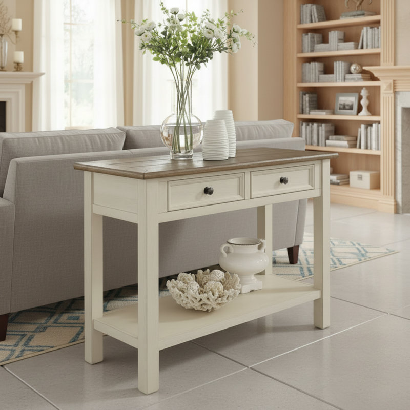 Retro Farmhouse-Style Two-Tone Rectangular Sofa Table, White