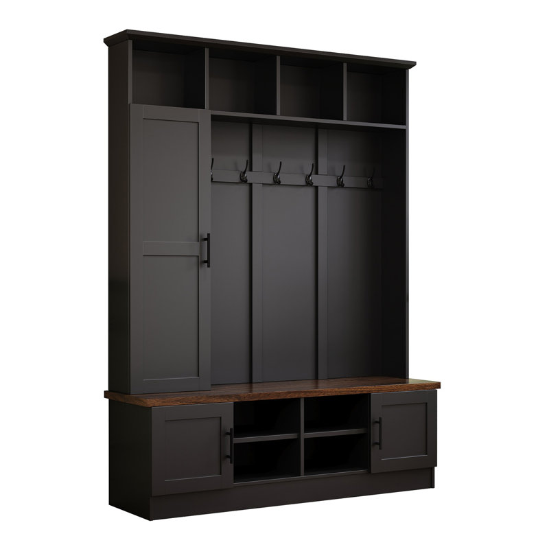 Versatile 3-in-1 Hall Tree with 6 Hooks, Farmhouse Walnut Storage Bench with Adjustable Shelves, 55"W Entryway Coat Rack with Multiple Storage Space for Mudroom, Hallway, Black